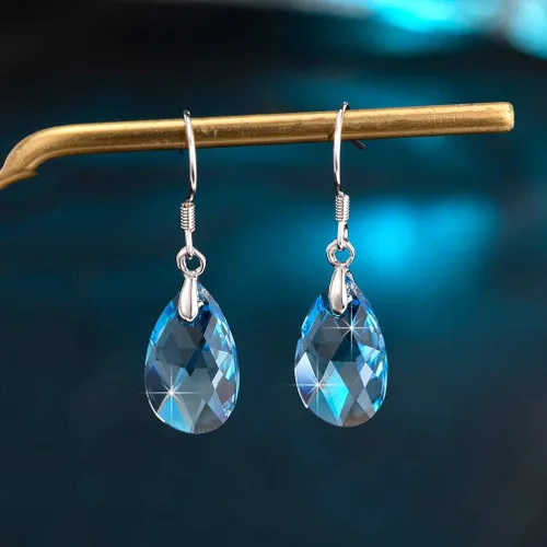 Vista 34 de Aretes colgantes de cristal austriaco con forma de lágrima para mujer, joyería hipoalergénica de plata de ley 925