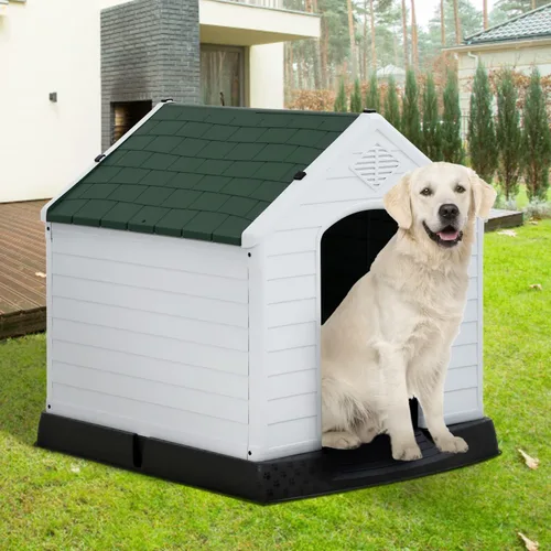 Vista 9 de Casa para perros para interiores y exteriores, impermeable, ventilada, de plástico, jaula de refugio para mascotas con ventilación y suelo elevado