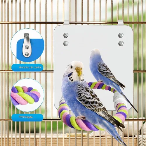 Vista 5 de Espejo de pájaro de 5.9 pulgadas con cuerda, perca, juguetes para pájaros, perca cómoda para grises, amazonas, periquitos, cacatúas, conure