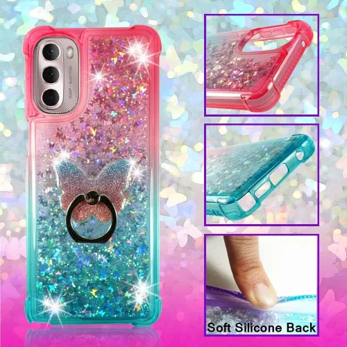Vista 4 de Zase Moto G 5G (2022) - Bonita funda transparente con purpurina líquida para Motorola Moto G 5G Flotante Mariposas 3D Cascada Arenas movedizas