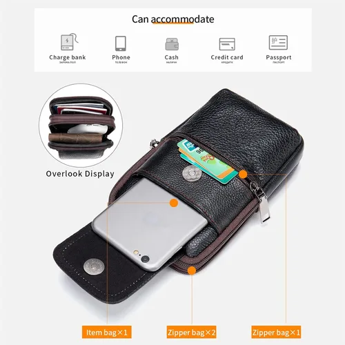 Vista 8 de Bolsa de hombro de cuero para hombre, bolsa de cintura para teléfono, bolsa de negocios con correa ajustable