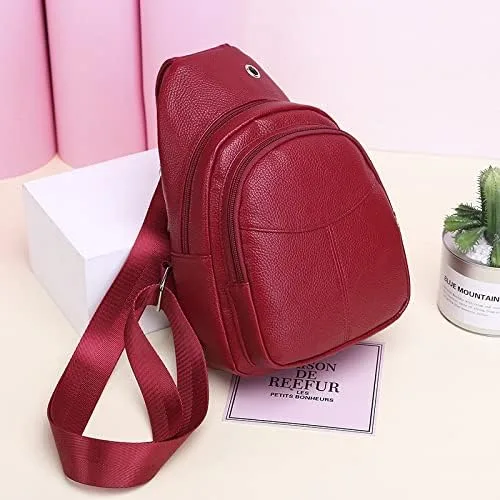 Vista 4 de Bolso cruzado pequeño, riñonera para mujeres y hombres, bolso bandolera de cuero para regalos, rojo (Style3-red), S