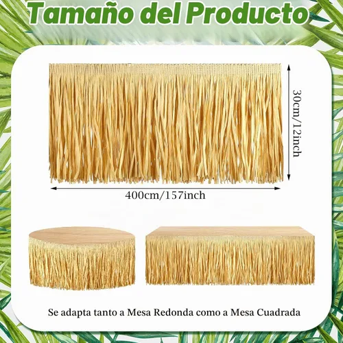 Vista 3 de Tegeme 2 piezas Luau Raffia Grass falda de mesa con flecos, 157 x 12 Verde