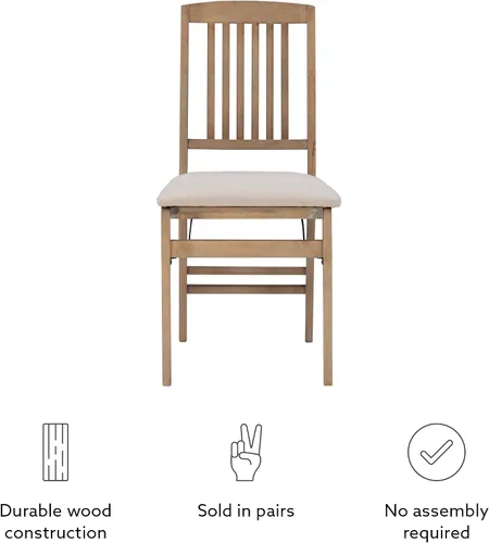 Vista 11 de Linon Keira - Juego de 2 sillas plegables de madera rústica natural con asiento tapizado beige y respaldo de misión