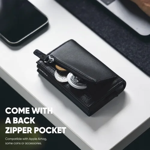 Vista 5 de VULKIT Cartera plegable de piel auténtica con compartimento para billetes, ventana de identificación y bolsillo para monedas, Negro