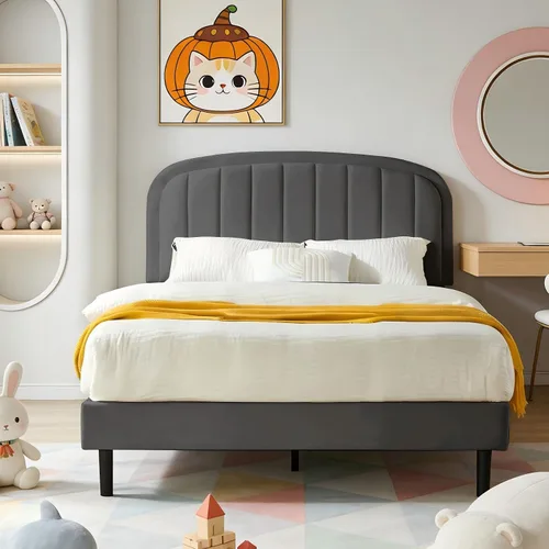 Vista 12 de Furnify Marco de cama individual, base de cama suave con esquinas redondeadas, base de cama tapizada de tela de terciopelo con cabecera redonda