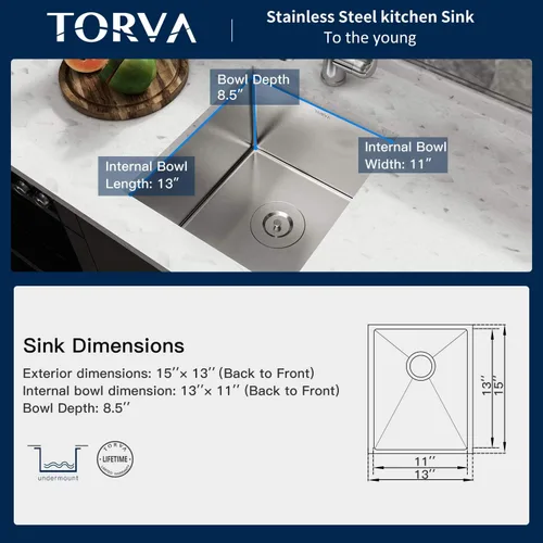 Vista 4 de TORVA Fregadero de Montaje Bajo para Cocina de 13 x 15 Pulgadas, Fregadero de Barra de Acero Inoxidable 304 Premium - Cuenca Profunda de 8 Pulgadas