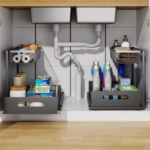Vista 2 de Organizador para debajo del fregadero, estante de almacenamiento extraíble de 2 niveles, organizador de metal resistente al óxido para cocina, baño