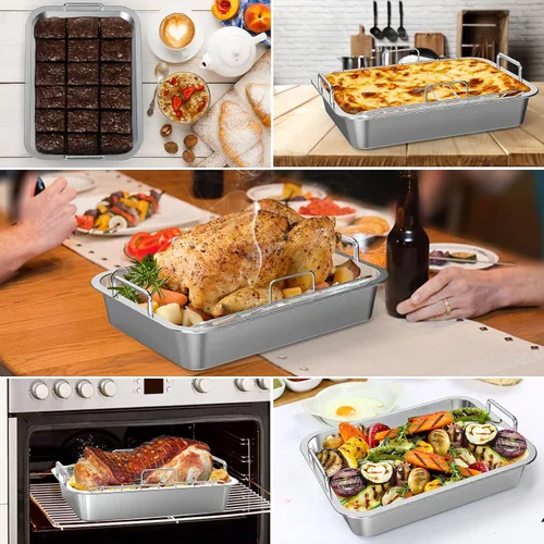 Vista 6 de Onlyfire Sartén para asar con estante en U – Asador de acero inoxidable para hornear, sartén rectangular de lasaña de pavo de 16 pulgadas para asar