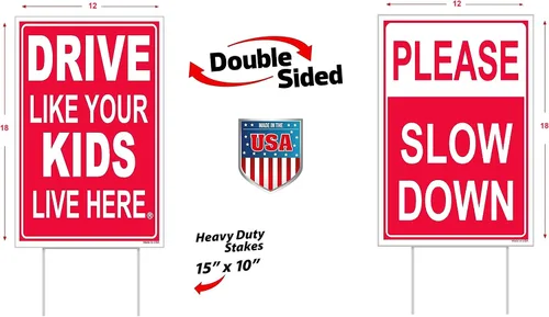 Vista 3 de Letrero con texto en inglés «Please Slow Down Lawn and Drive Like Your Kids Live Here Lawn Sign» (paquete combinado), rojo/blanco, doble cara +
