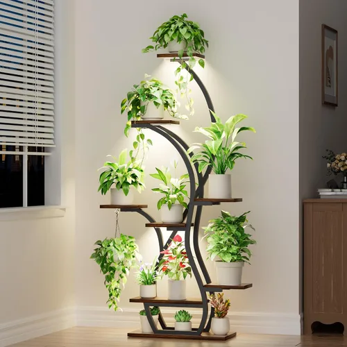 Vista 8 de Soporte para plantas de interior con luces de crecimiento, estante esquinero de 65 pulgadas para interiores, 8 niveles altos iluminados para plantas