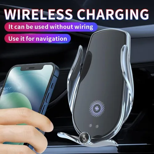Vista 4 de Cargador inalámbrico M3 negro con sensor automático para ventilación de aire para coche, soporte para teléfono de 15 W, carga rápida, iOS Android