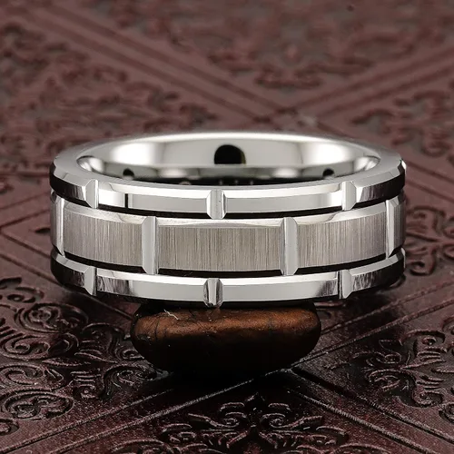 Vista 4 de 100S JEWELRY - Anillos de tungsteno cepillado, de boda o compromiso, para hombre, patrón de ladrillos plateados, tallas 6-16