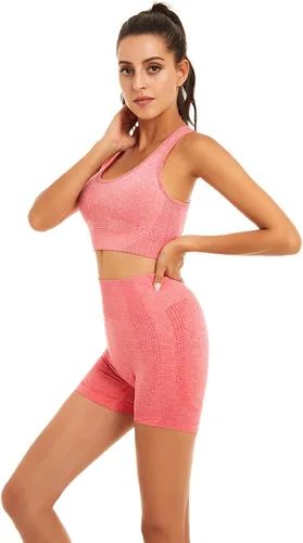 Vista 2 de Toplook Conjunto deportivo de 2 piezas para mujer sin costuras para yoga entrenamiento gimnasio pantalones cortos y brasier deportivo