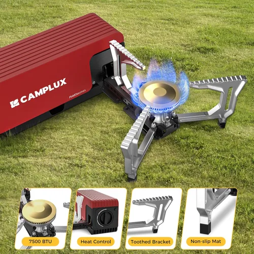 Vista 3 de Estufa de camping plegable CAMPLUX FoldGo, 7500 BTU, estufa portátil de gas butano, estufa plegable con cassette con bolsa de transporte y quemador