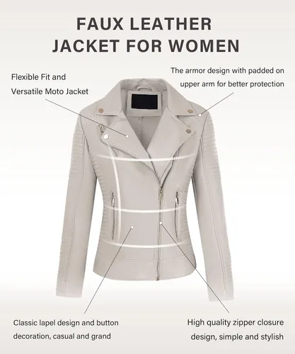 Vista 2 de Bellivera Chaqueta informal de piel sintética, abrigo de motocicleta de moda para otoño y primavera, para mujer