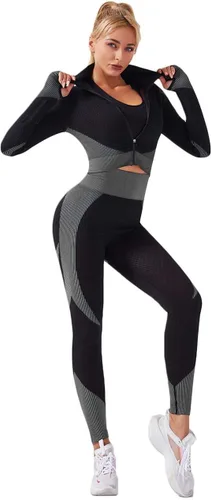 Vista 3 de Conjunto de entrenamiento sin costuras de 3 piezas para mujer, ropa deportiva de fitness, escuela, correr, yoga, ropa deportiva