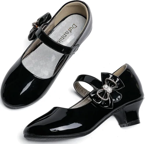 Vista 2 de Dufannie Zapatos de vestir para niñas, zapatos de tacón bajo de princesa, zapatos planos con purpurina para bodas y fiestas