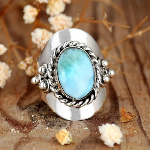 Vista 2 de Boho-Magic Anillo de plata de ley con larimar para mujer, joyería bohemia con piedras preciosas ovaladas