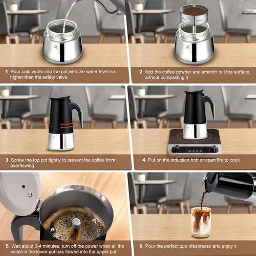 Vista 9 de Estufa de 2 tazas de acero inoxidable, cafetera italiana, capacidad para café moca, cocina clásica de inducción para el hogar y campamento, 3.3