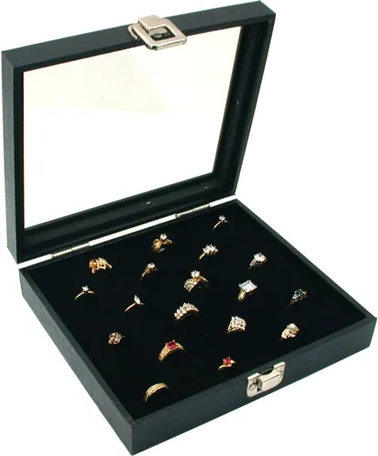 Vista 2 de Caja de almacenamiento de joyas, con vidrio en la parte superior. Caja con 36ranuras para anillos