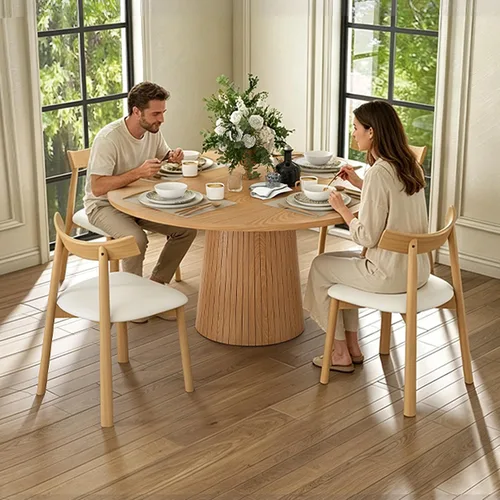 Vista 7 de Juego de 2 sillas de comedor ergonómicas sin brazos con cojines de cuero grueso y respaldo curvado, sillas de madera para sala de estar, cocina