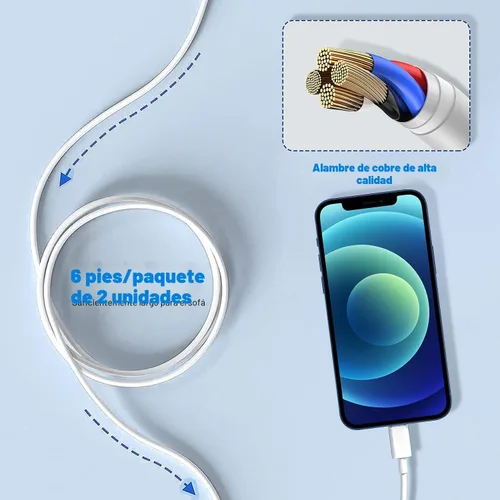 Vista 5 de Cable cargador Lightning para iPhone, paquete de 2 cables USB certificados Apple MFi, cable de carga rápida para iPhone, transferencia de datos
