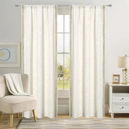 Vista 18 de Cortinas de lino natural mezclado semitransparentes con pestaña trasera para sala de estar, cortinas de lino texturizado estilo bohemio para filtrar