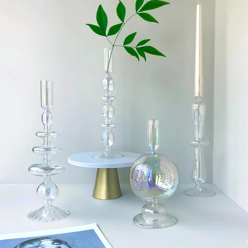 Vista 7 de Portavelas de palo, portavelas de vidrio para centro de mesa, estilo moderno, color ámbar, 4