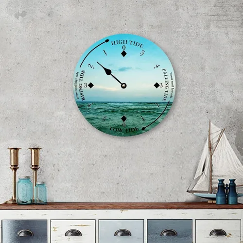 Vista 4 de Reloj de marea de madera para pared, puesta de sol, hora del océano, reloj costero, luna, marea, marea, marea, marea alta y baja, reloj