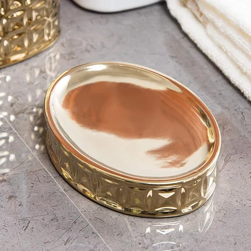 Vista 7 de Juego de accesorios de baño dorados, 4 piezas de cerámica para decoración de baño, incluye dispensador de loción, soporte para cepillos de dientes