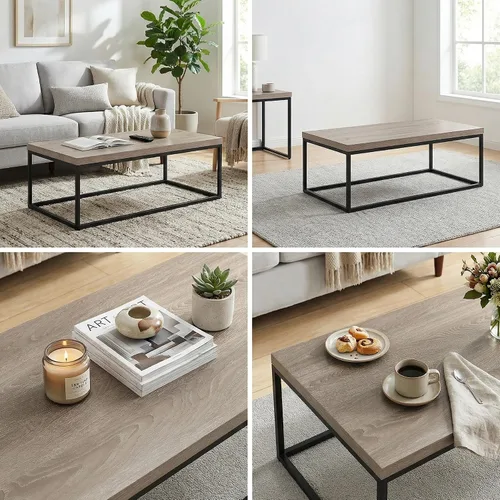 Vista 4 de CENSI - Mesa de centro de roble lavado gris de 47 pulgadas, tamaño grande Extra Thick 1.6" Honey-comb Wood Top, Sturdy Metal Frame, Modern