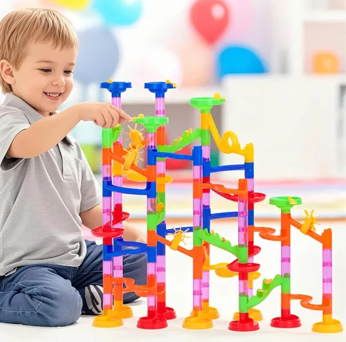 Vista 4 de Gifts2U Juguete de carrera de mármol, 130 piezas educativas de construcción laberinto, juego de juguetes con canicas de vidrio para niños