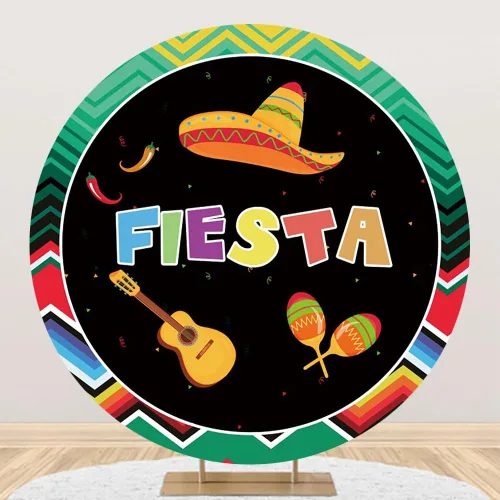 Vista 9 de AOFOTO Telón de fondo redondo con temática de fiesta mexicana de 5 x 5 pies para fotografía, carnaval del Cinco de Mayo, banderas coloridas
