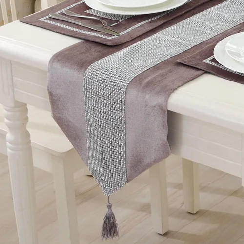 Vista 21 de Camino de mesa largo con lentejuelas y diamantes de imitación y borlas para comedor, Navidad, boda, fiesta, decoración de mesa