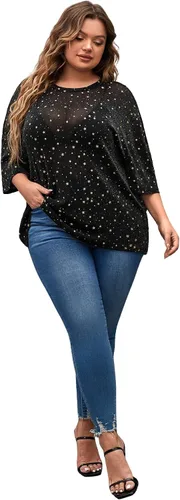 Vista 6 de MakeMeChic Camiseta de manga corta de malla transparente con purpurina para mujer, talla grande