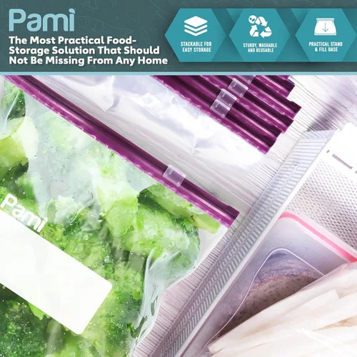 Vista 5 de PAMI Bolsas reutilizables para congelador deslizantes a prueba de fugas con parte inferior expandible y etiqueta para escribir, bolsas