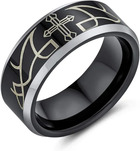 Vista 2 de Laser Etched Catholic Religious Black Christ Thorn Cross Titanium Band Ring For Men Comfort Fit 8MM