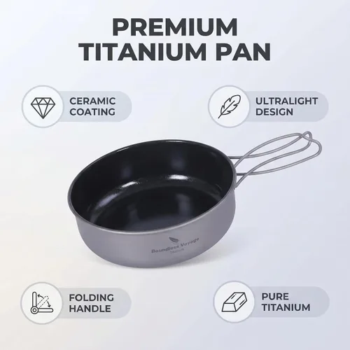 Vista 6 de Boundless Voyage Sartén antiadherente de titanio con mango plegable, revestimiento de cerámica antiadherente, olla de cocina para acampar al aire