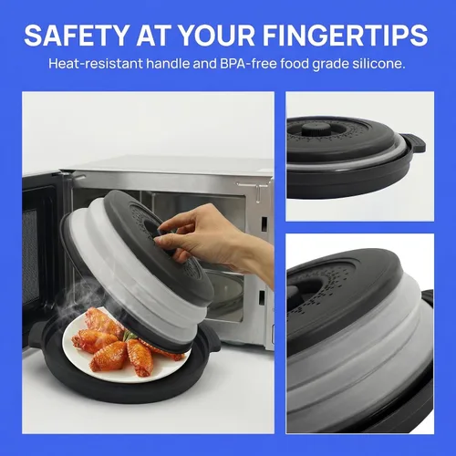 Vista 5 de Cubierta de alimentos para microondas con asa – Protector de salpicaduras de silicona plegable y ventilado con bandeja – Para microondas