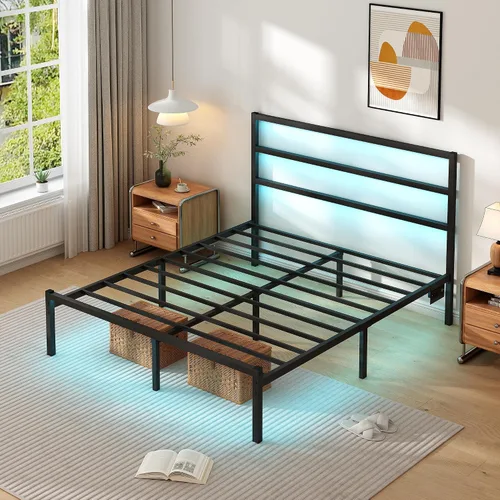 Vista 4 de CLIBFENG - Base de cama Queen con cabecera, listones de acero resistentes de apoyo - Base de cama LED con estación de carga USB, fundamento