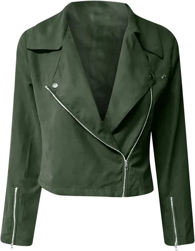 Vista 7 de Maqroz Chaqueta de cuero para mujer, chaqueta de cuero sintético de manga larga, chaqueta recortada delgada con cremallera, chaqueta de poliuretano