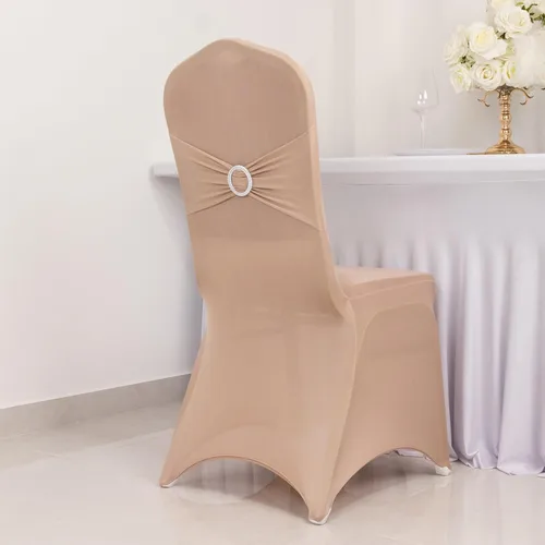 Vista 52 de Efavormart - Funda para silla de banquete de elastano beige con banda de hebilla de diamantes de imitación plateados, funda elástica para silla