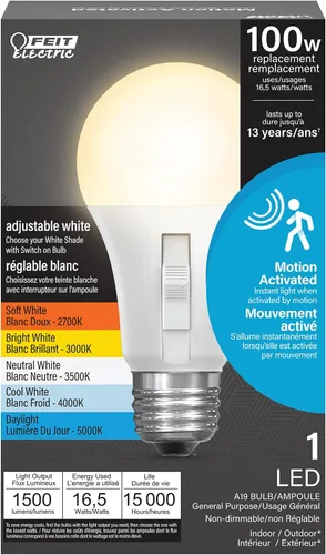 Vista 12 de Bombilla LED con sensor de movimiento Feit Electric, A19 equivalente a 60 W, 5CCT, no regulable, base media E26, CRI 90, 800 lúmenes, blanco