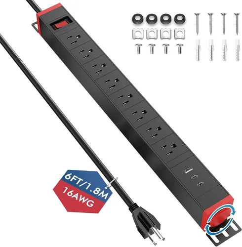 Vista 11 de Regleta de alimentación resistente de 8 salidas con USB PD de 20 W, protector de sobretensiones BTU de 6 pies de largo con USB A y USB C, tira