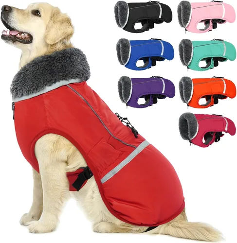 Vista 15 de QBLEEV Abrigo cálido para perro, chaqueta de invierno reflectante, impermeable, resistente al viento, ropa de cuello alto para perro para clima