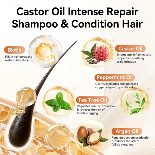 Vista 6 de Juego de champú y acondicionador de aceite de ricino para el crecimiento del cabello, fortalece y limpia el cabello fino, restauración del cabello