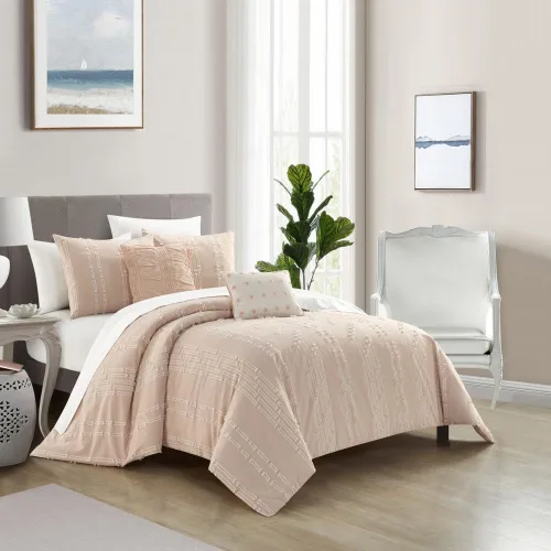 Vista 2 de Chic Home Desiree - Juego de edredón Blush Bed in a Bag, tamaño Queen (5 piezas), ropa de cama de microfibra con diseño jacquard a rayas, edredón