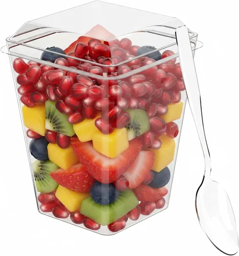 Vista 6 de Zappy Paquete de 100 vasos de postre de plástico de 5 onzas con tapas y cucharas, vasos de aperitivo/parfait para fiestas, tiradores de postres