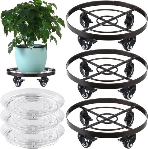 Vista 12 de Paquete de 3 posavasos de metal para plantas de 10.6 pulgadas, con ruedas, soporte rodante resistente para plantas con ruedas para interiores y Negro